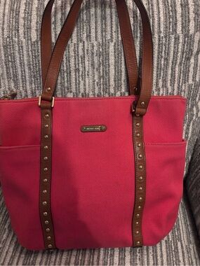 Michael Kors Coral Jet Set Canvas Tote with Brown Studded Straps